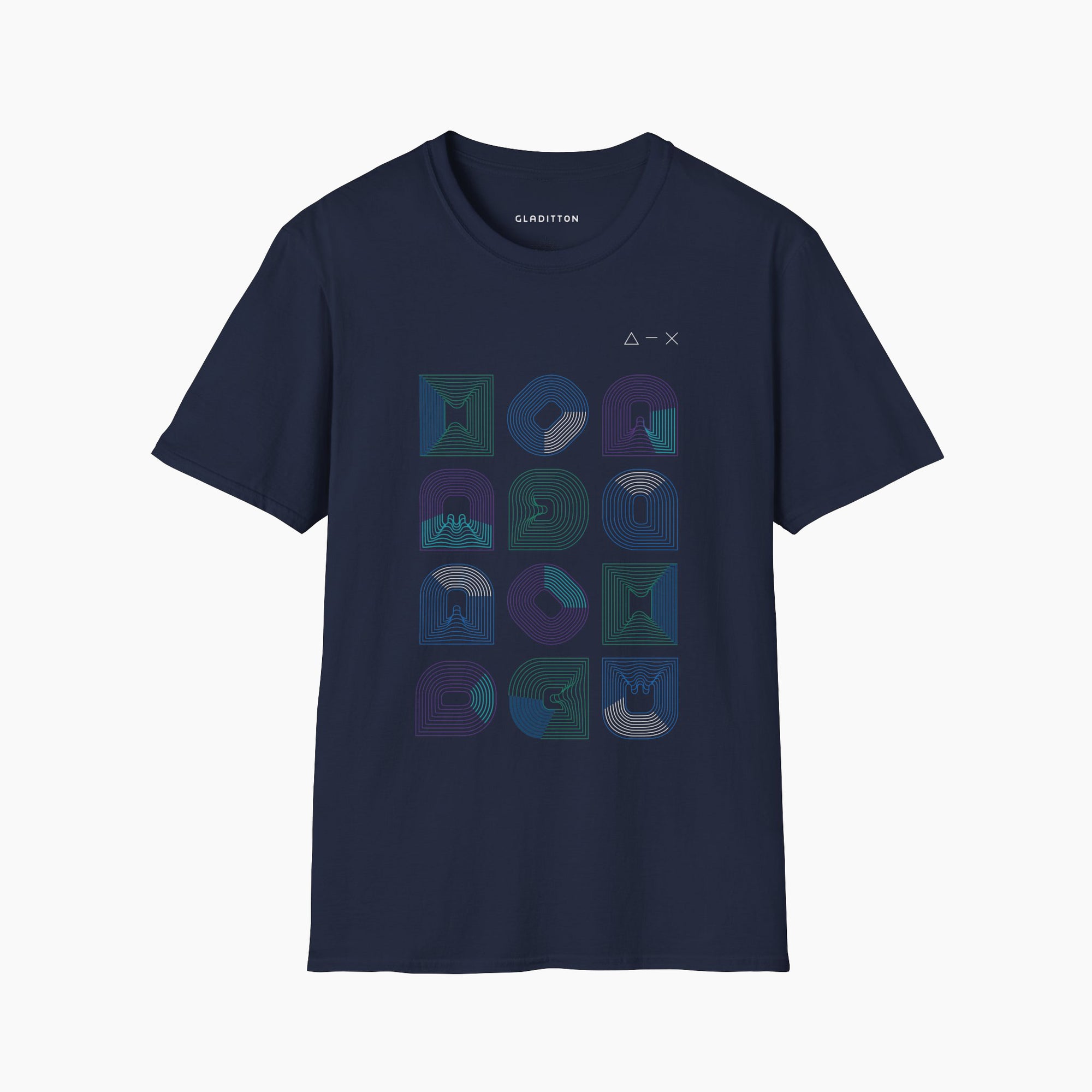 Front view of Abstract Lines T-shirt in navy, featuring a digital design with abstract line patterns.