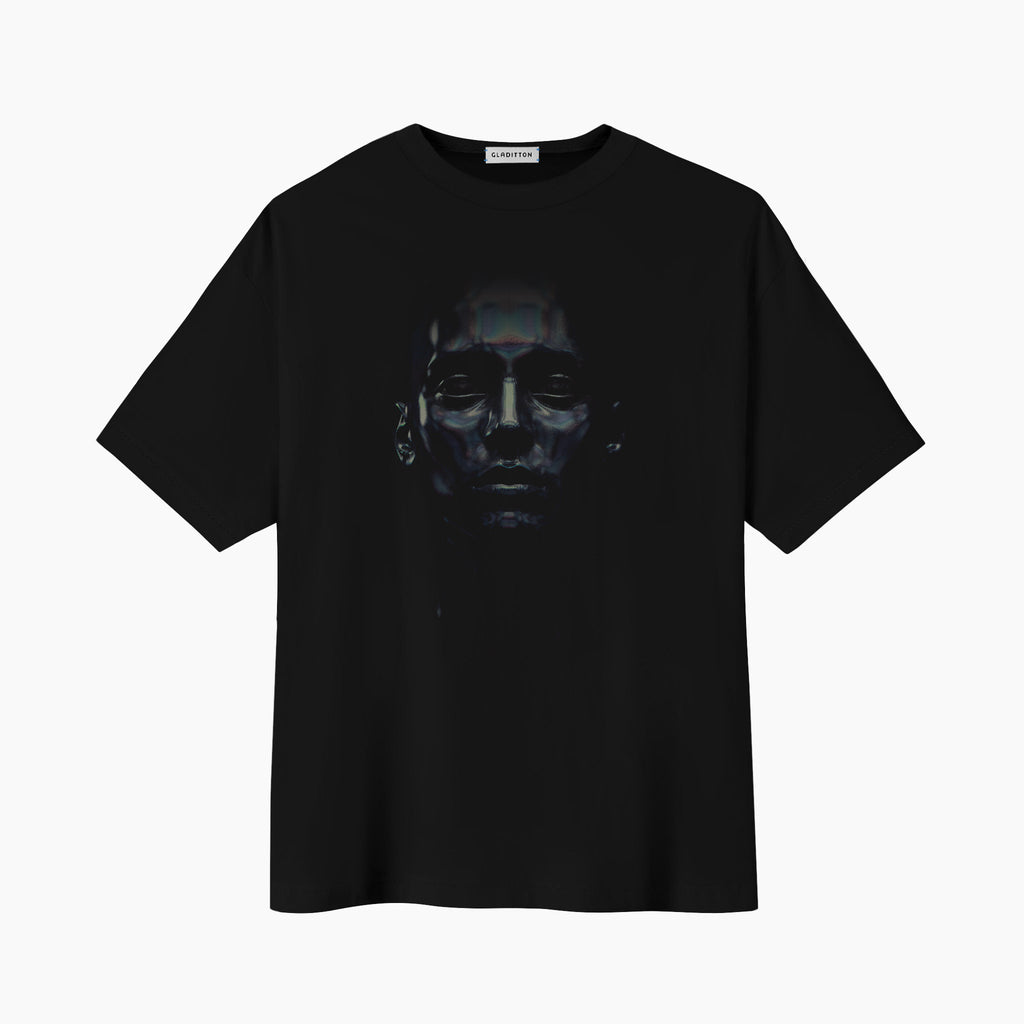 Dignity in the Eyes oversized black t-shirt with dark portrait graphic print, front view - Gladitton Dubai
