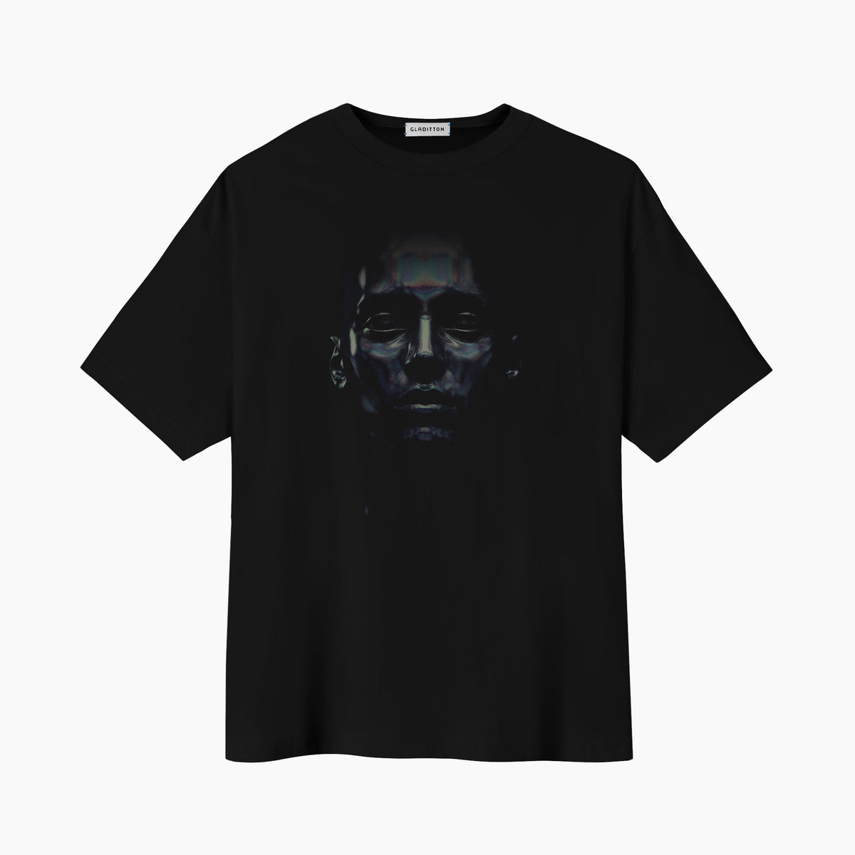 Dignity in the Eyes oversized black t-shirt with dark portrait graphic print, front view - Gladitton Dubai