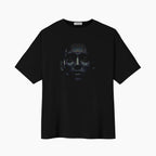 Dignity in the Eyes oversized black t-shirt with dark portrait graphic print, front view - Gladitton Dubai