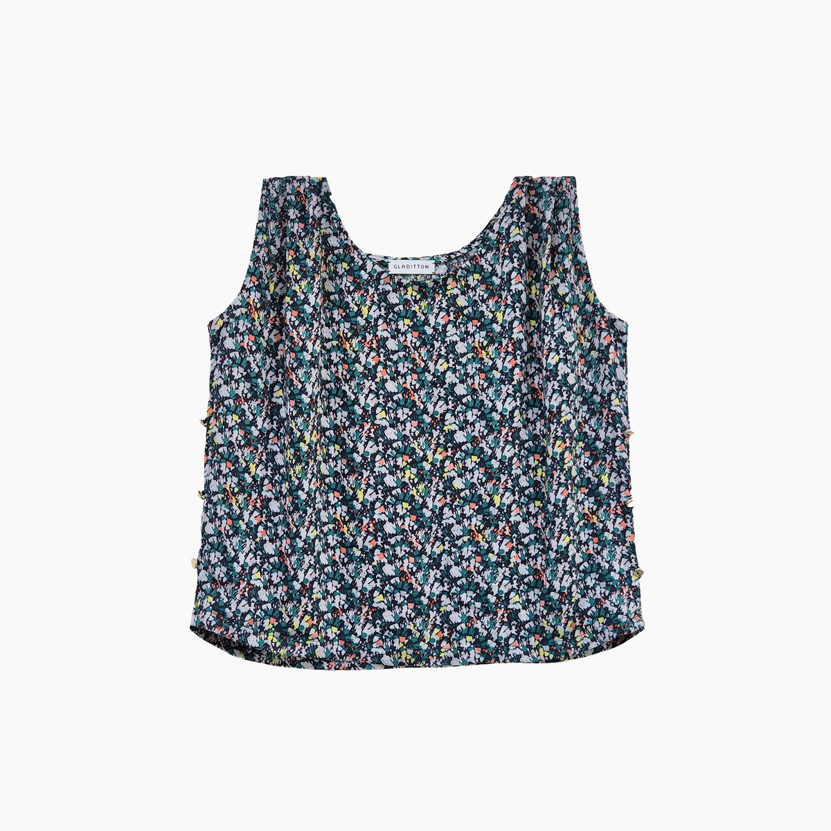 Women's multicolour abstract floral sleeveless summer blouse with shoulder pleats and side buttons by Gladitton