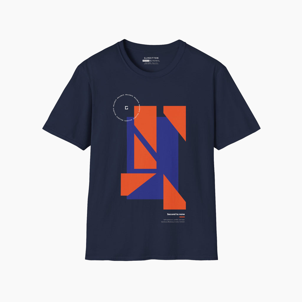 Navy luxury graphic t-shirt with bold orange and blue geometric abstract print on the chest.