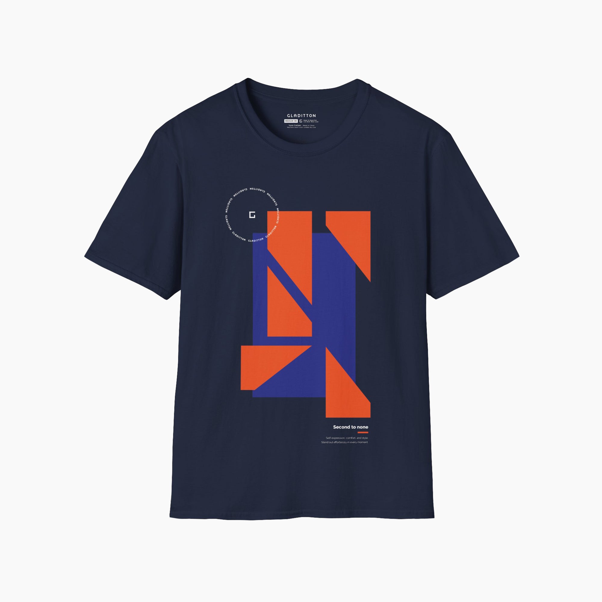 Navy luxury graphic t-shirt with bold orange and blue geometric abstract print on the chest.