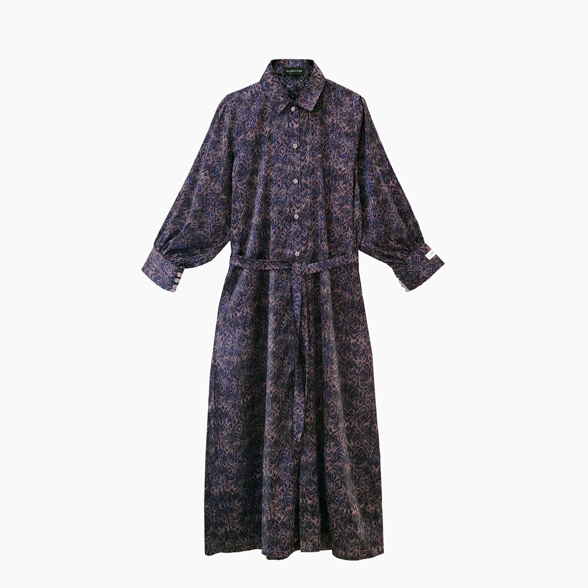 Amara Dress in deep purple and coffee, front view with button-front and belt