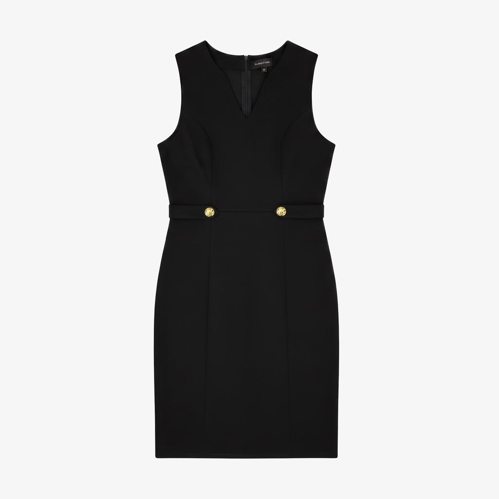 Elegant black sleeveless midi dress with sculpted waist and gold-tone button accents. VIP shopping concierge UAE