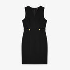 Elegant black sleeveless midi dress with sculpted waist and gold-tone button accents. VIP shopping concierge UAE