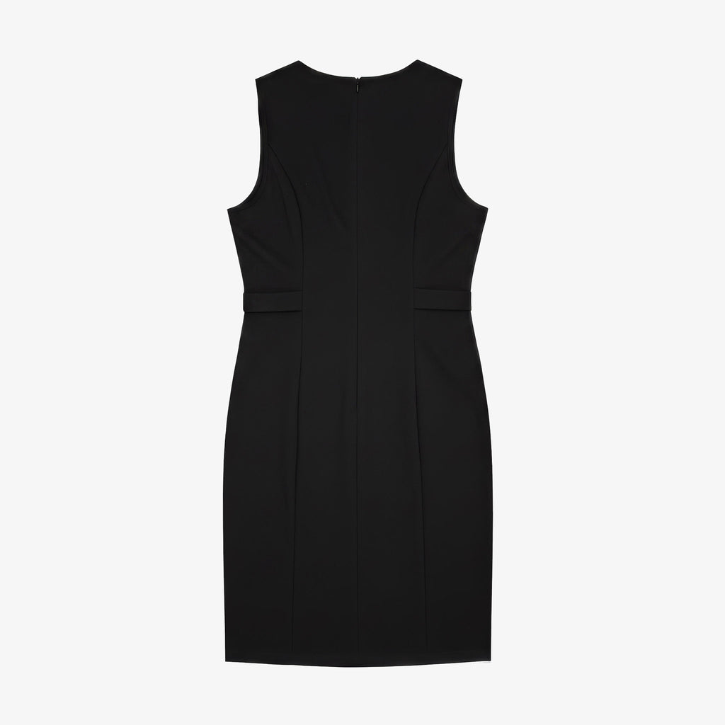 Elegant black sleeveless mid dress with zip on back for women. Formal office wear for ladies in Dubai. Comfortable stretchable body con dress.