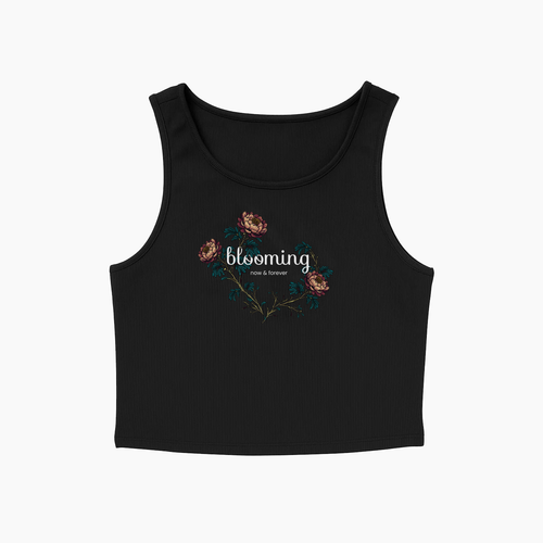 Front view of Blooming Tank, featuring a floral design and relaxed fit.