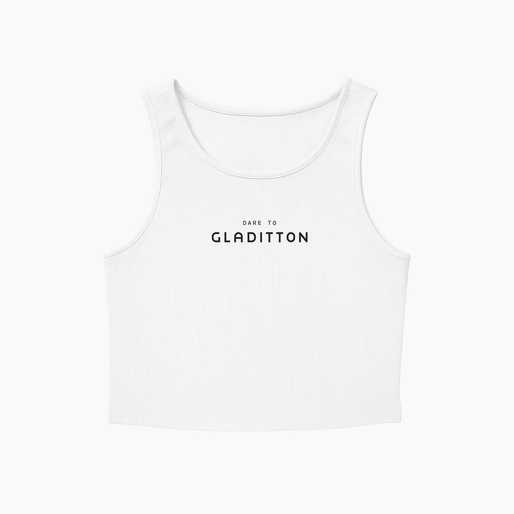 Front view of Gladitton Daring Tank in white, featuring 'Dare to Gladitton' print on ribbed cotton fabric.