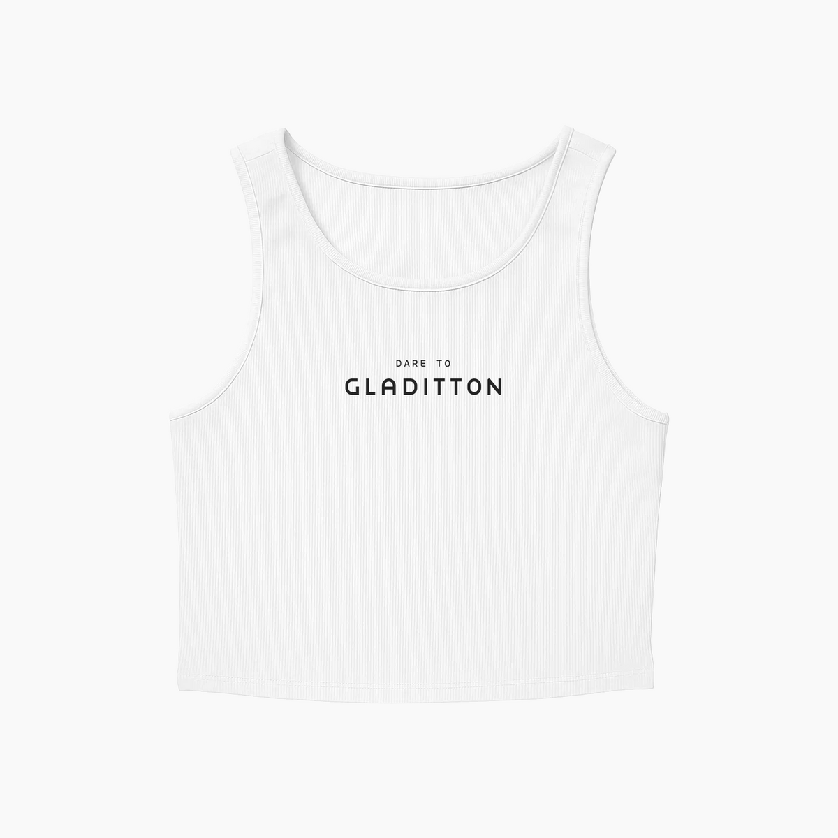 Front view of Gladitton Daring Tank in white, featuring 'Dare to Gladitton' print on ribbed cotton fabric.