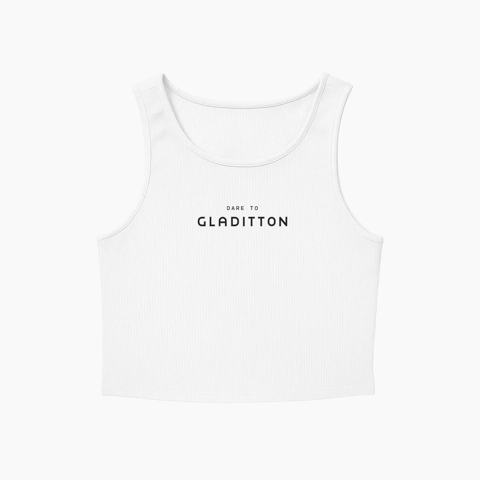 Front view of Gladitton Daring Tank in white, featuring 'Dare to Gladitton' print on ribbed cotton fabric.