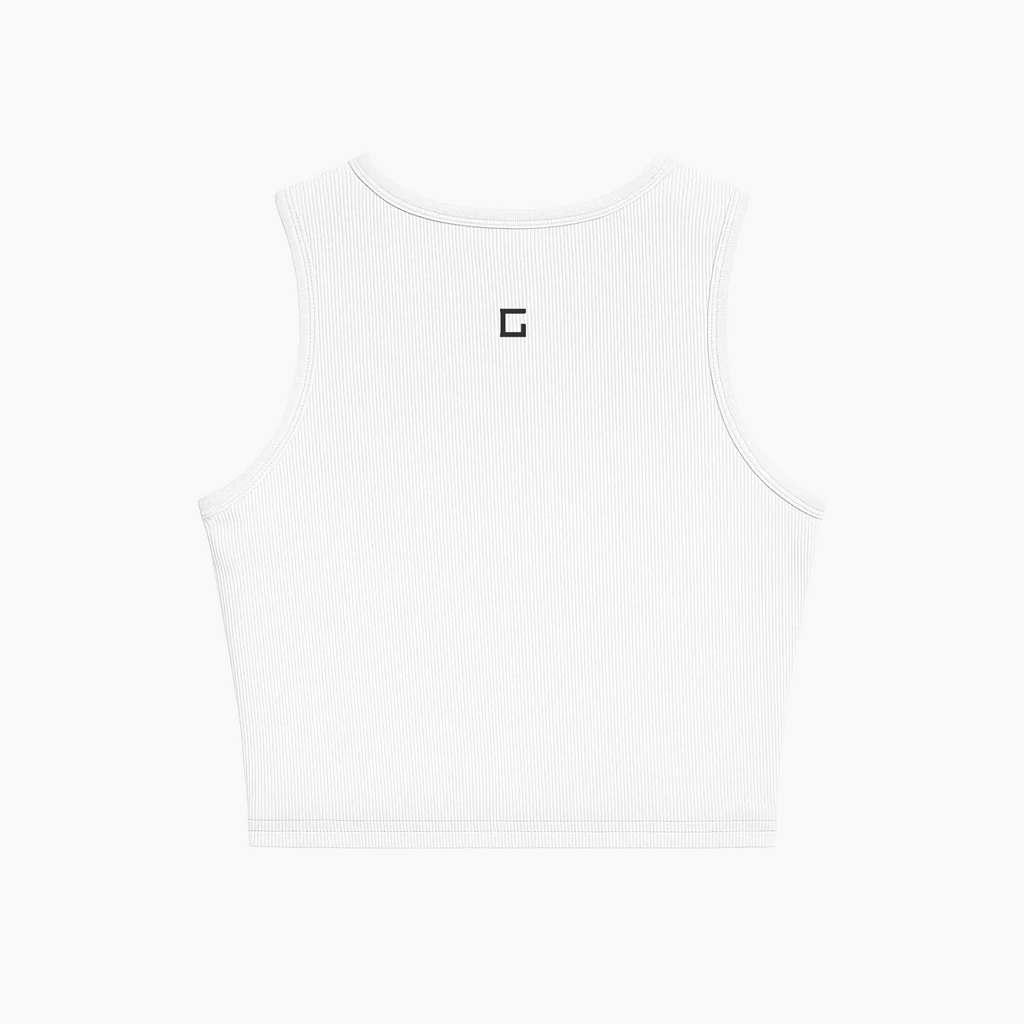 Back view of Gladitton Daring Tank in white, featuring a subtle racerback design and scoop neckline.