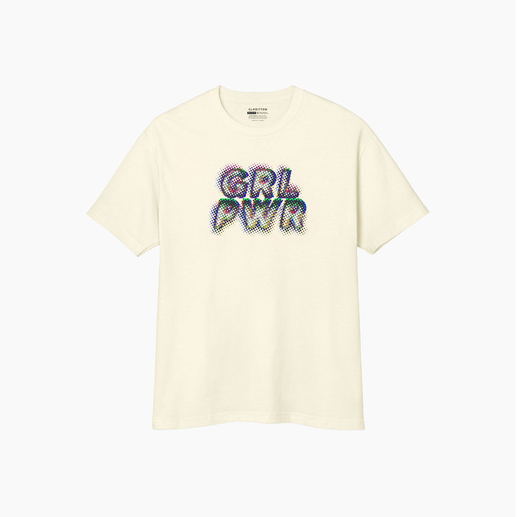 Girl Power beige graphic t-shirt for women by Gladitton featuring colorful halftone print premium streetwear UAE Abu Dhabi