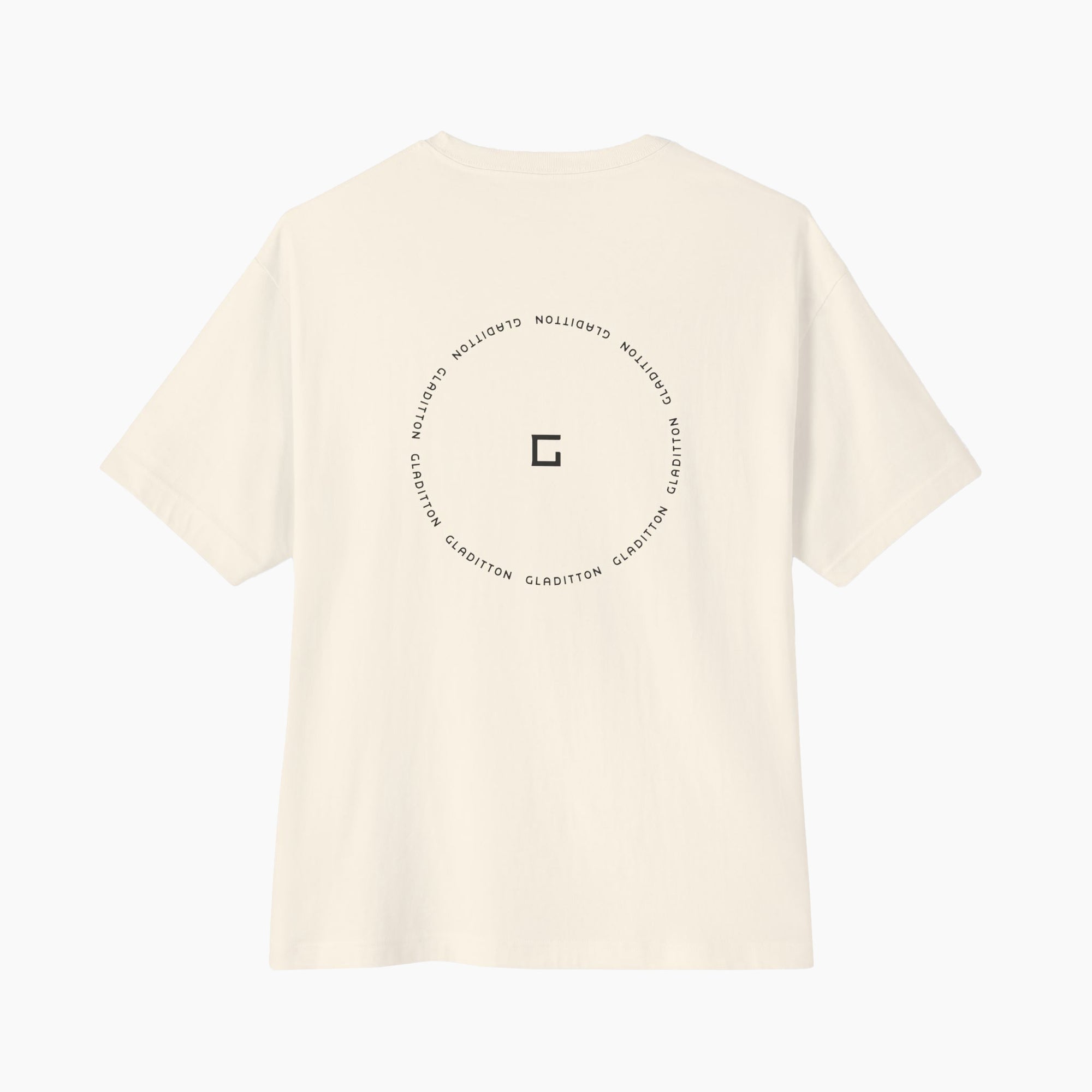 Back view of Gladitton graphic T-shirt in off-white featuring circular Gladitton logo design, modern minimalist streetwear fashion.