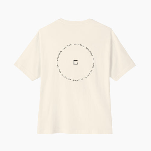 Back view of Gladitton graphic T-shirt in off-white featuring circular Gladitton logo design, modern minimalist streetwear fashion.