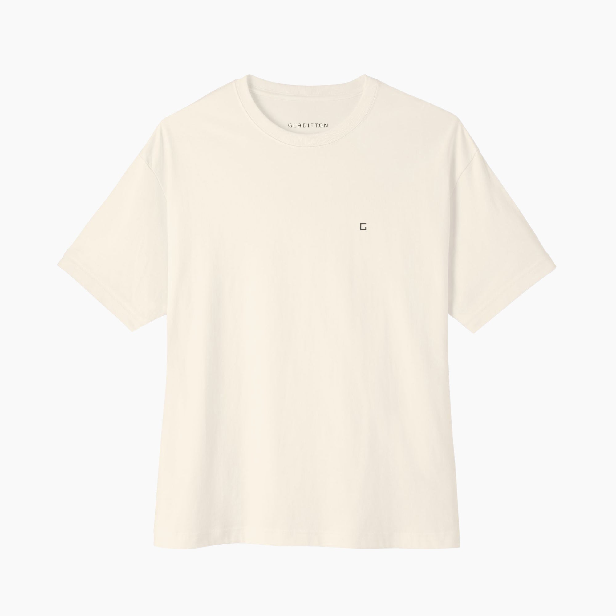 Front view of Gladitton graphic T-shirt in off-white with minimalist chest logo, unisex streetwear style.
