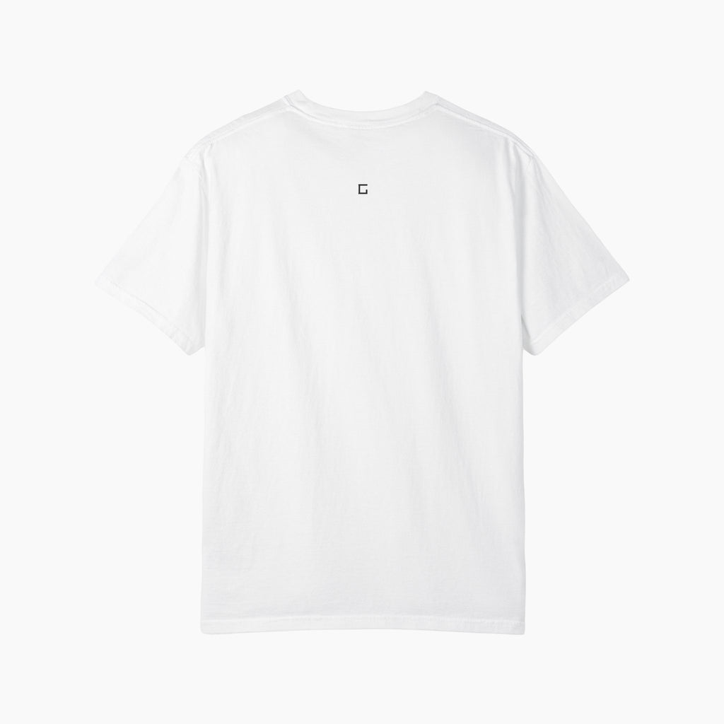 Back view of Gladitton Oversized Tee in white, showcasing a repeated minimal logo pattern and relaxed oversized fit for casual streetwear style.