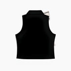 Back view of black luxury sleeveless top with a refined, minimal silhouette. Elegant Black Sleeveless Top with Oversized Contrast Bow – Luxury Statement Piece.