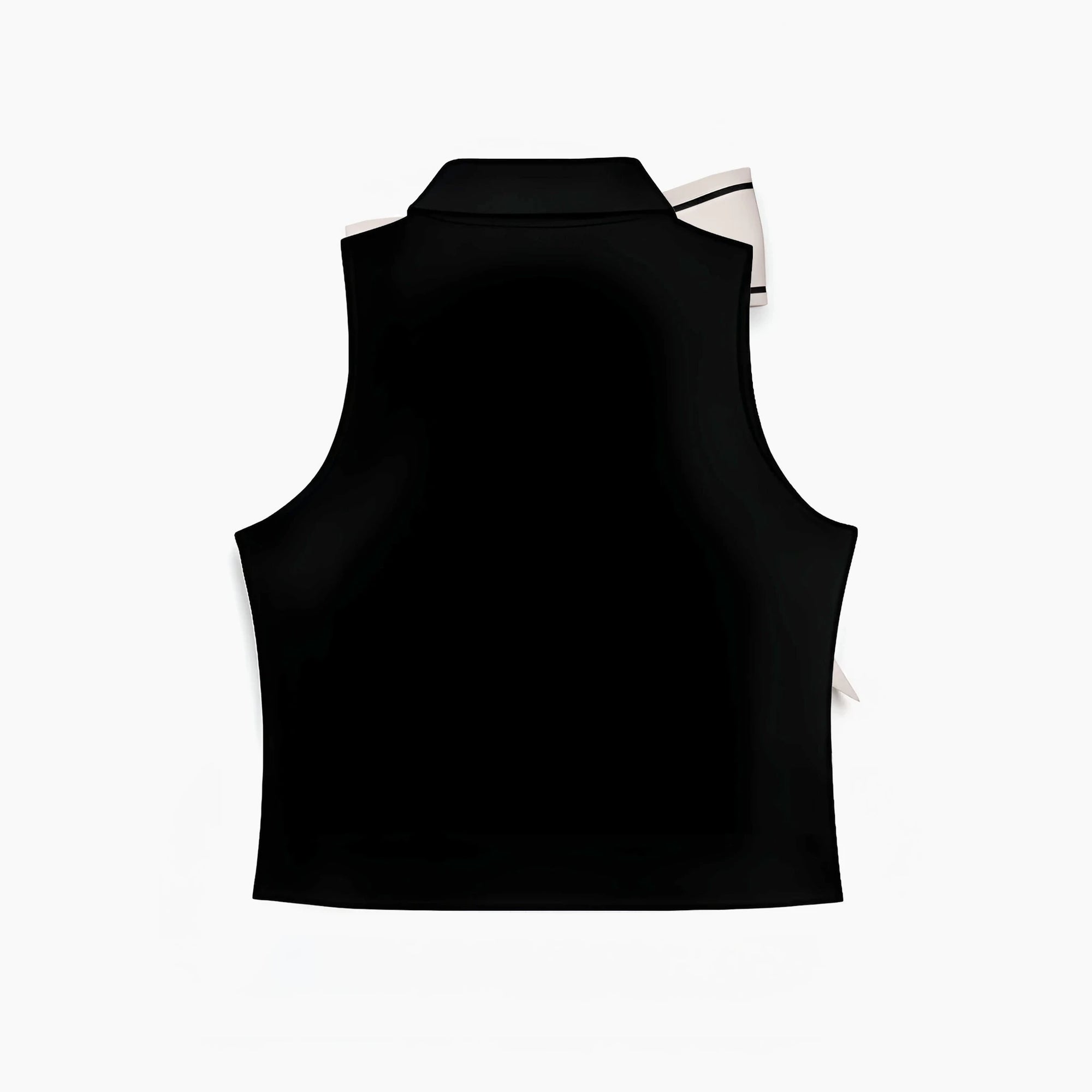 Back view of black luxury sleeveless top with a refined, minimal silhouette. Elegant Black Sleeveless Top with Oversized Contrast Bow – Luxury Statement Piece.