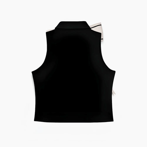 Back view of black luxury sleeveless top with a refined, minimal silhouette. Elegant Black Sleeveless Top with Oversized Contrast Bow – Luxury Statement Piece.
