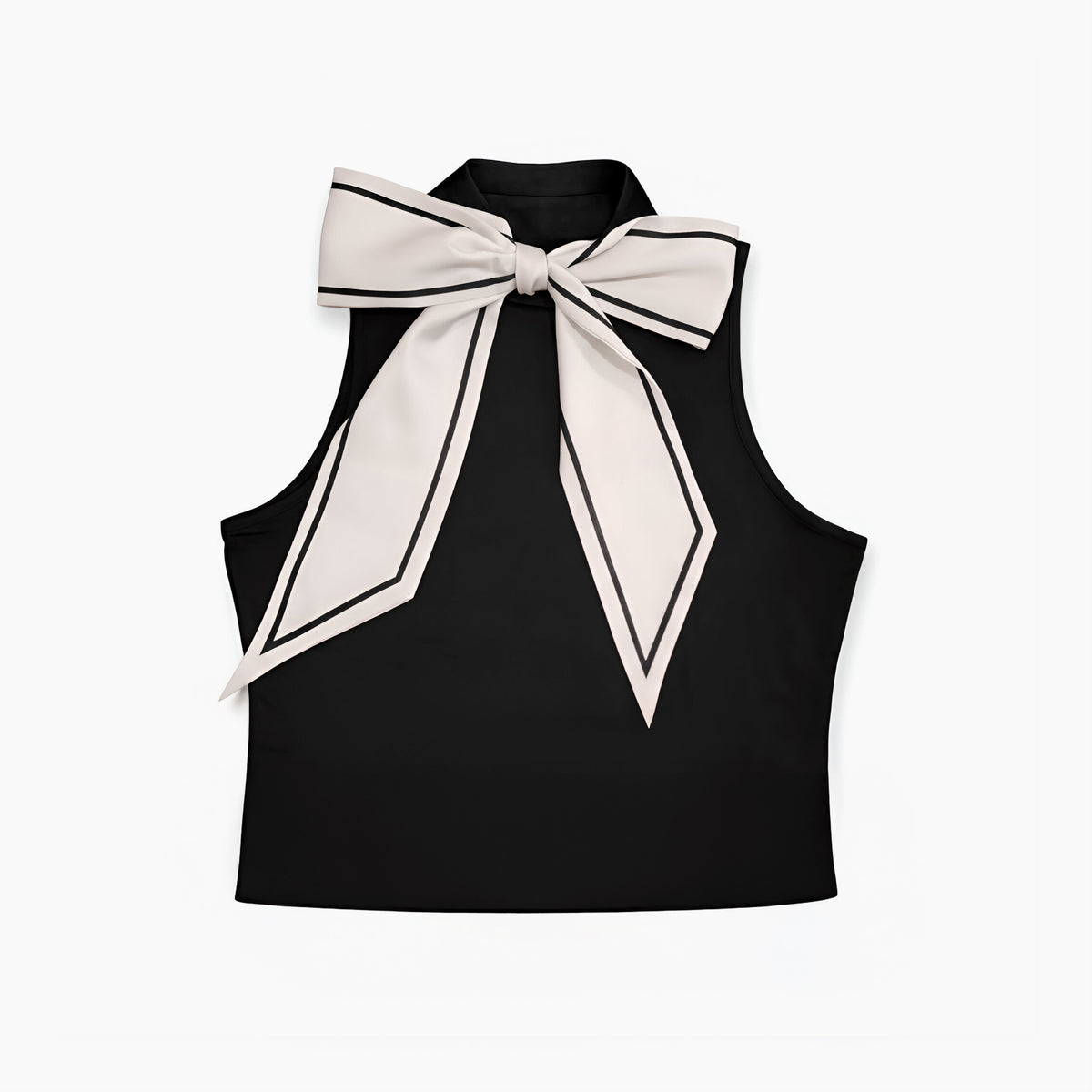 Elegant black sleeveless top with oversized ivory contrast bow in a luxury designer style by Gladitton fashion brand.
