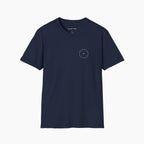 Front view of Minimal Classic T-shirt in navy, featuring a round minimal logo design on a relaxed fit crew neck tee.