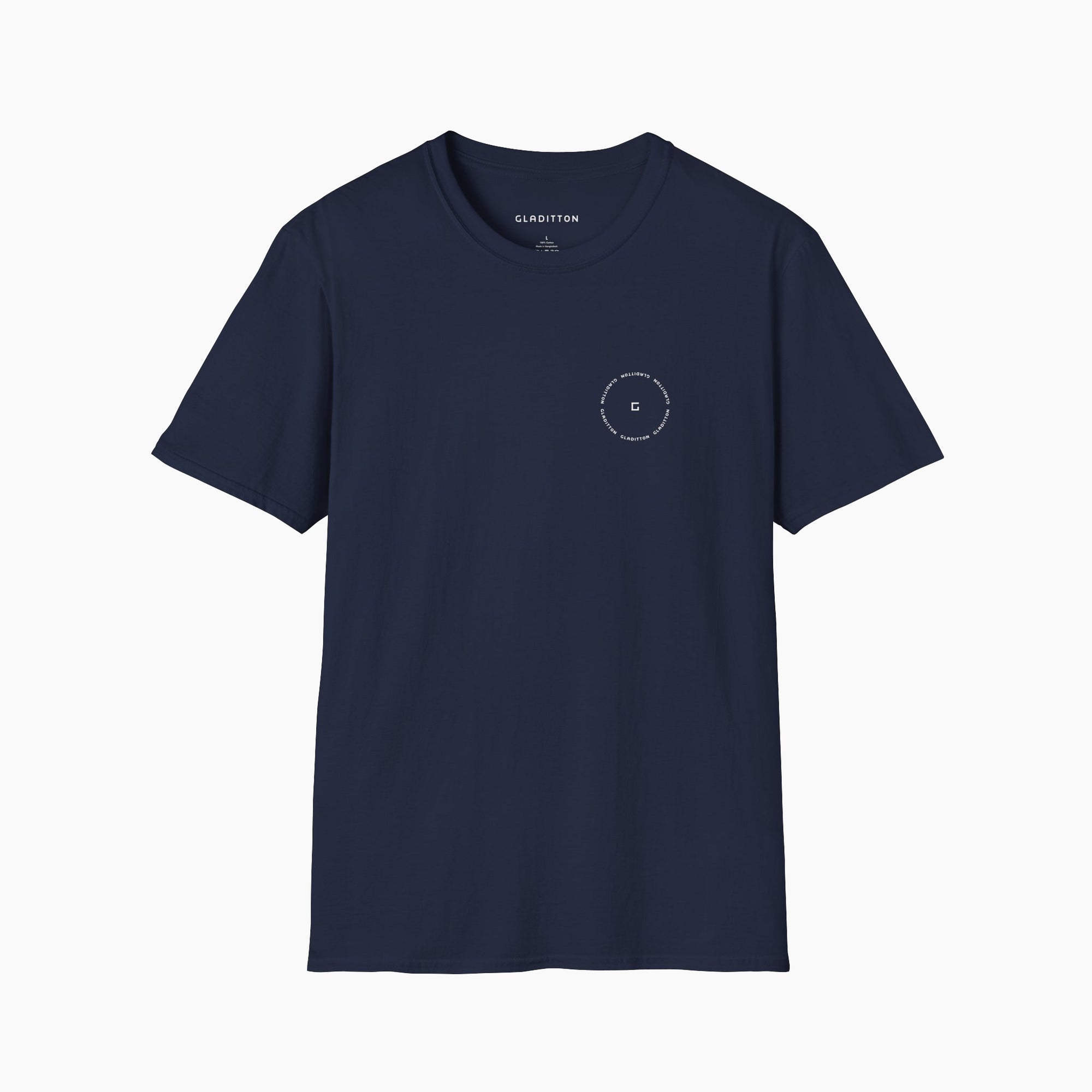 Front view of Minimal Classic T-shirt in navy, featuring a round minimal logo design on a relaxed fit crew neck tee.