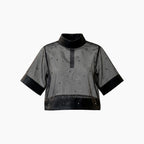 Women's sheer mesh turtleneck top with hand mirror work and short sleeves by Gladitton