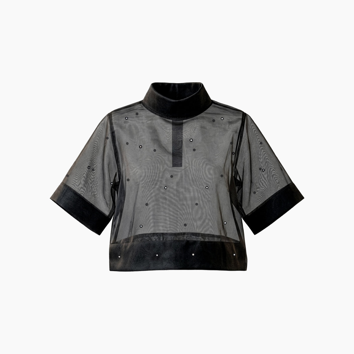 Women's sheer mesh turtleneck top with hand mirror work and short sleeves by Gladitton