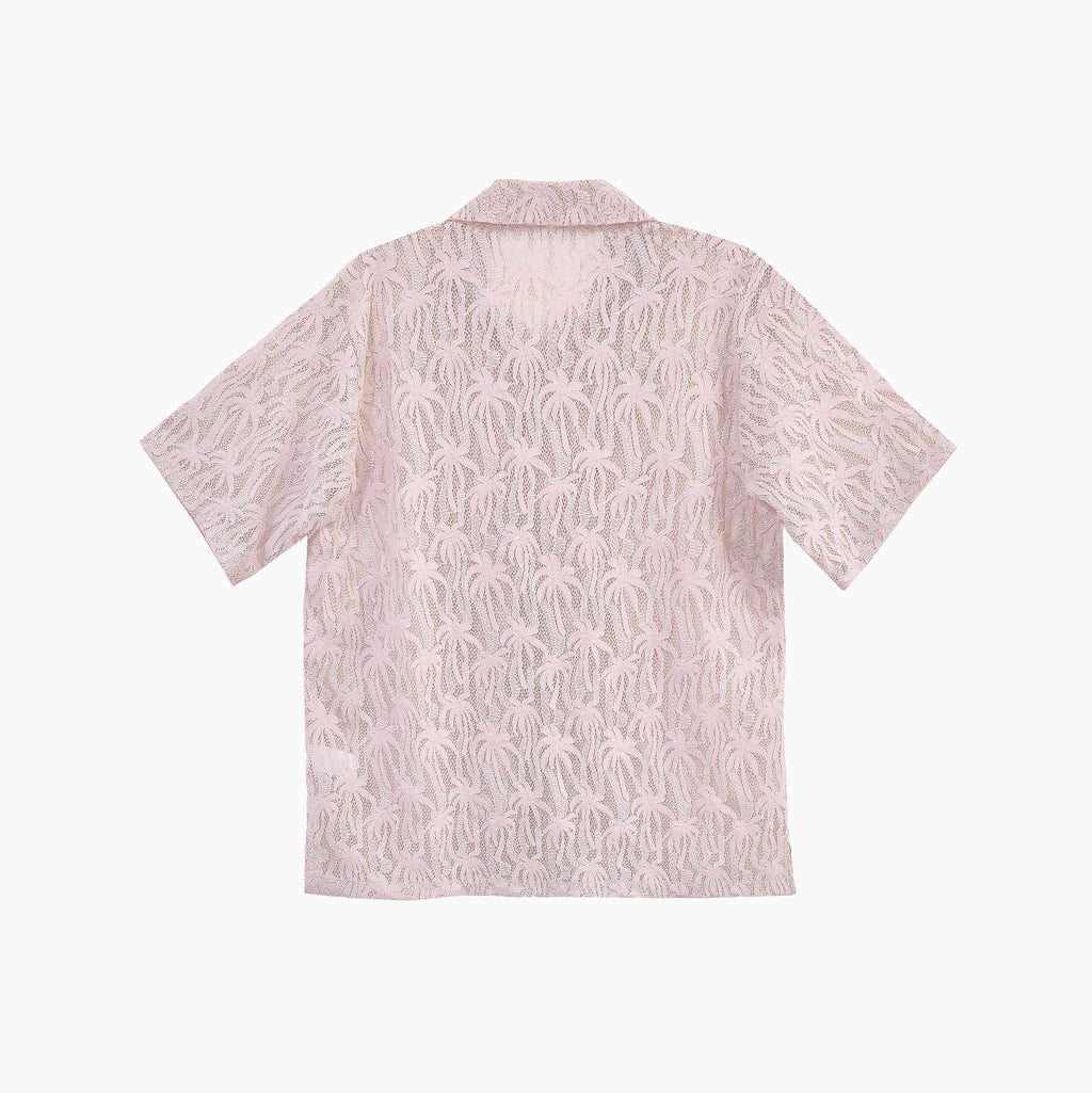 Men’s soft blush lace button-up shirt back view with palm textured pattern