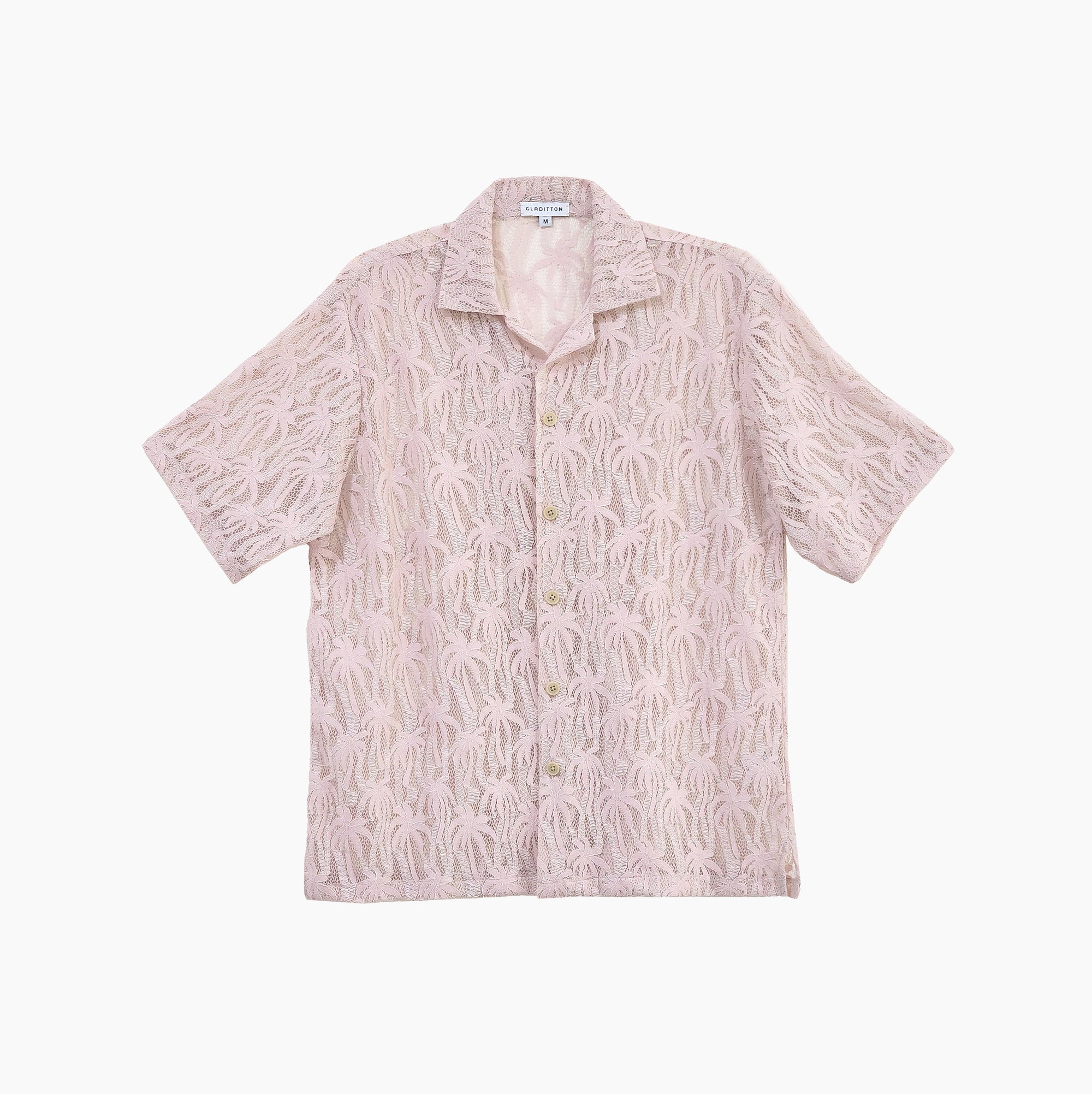 Men’s soft blush lace button-up shirt with palm pattern and short sleeves