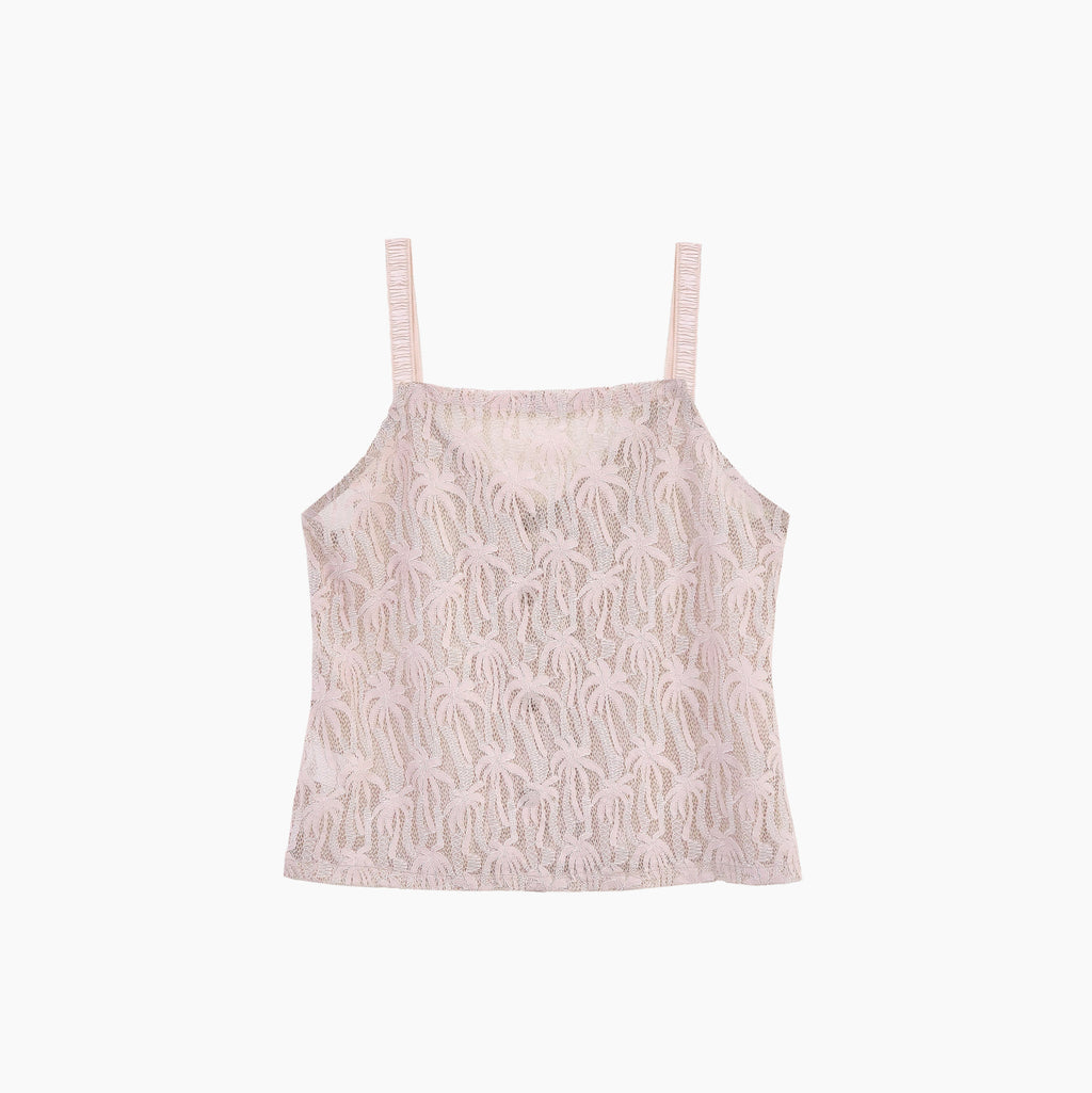 Desert chic luxury fashion. Women’s soft blush lace cami top with palm leaf pattern and button back
