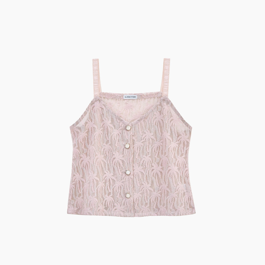 Designer top for Dubai Opera event. Women’s soft blush lace cami top with palm leaf pattern and button front